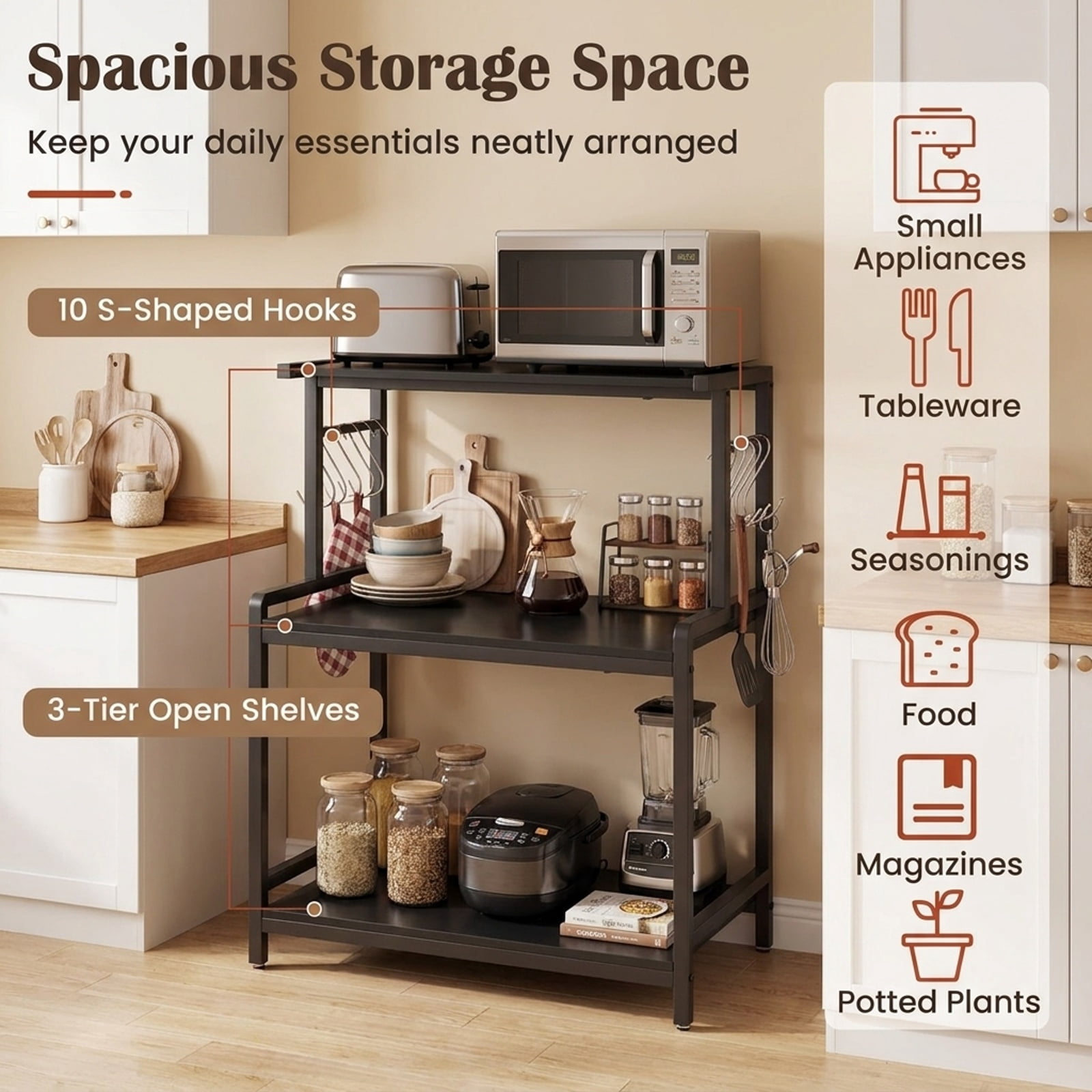 Furnibear Black 3-Tier Rolling Microwave Cart with Power Outlet Lockable Wheels and 10 Hooks