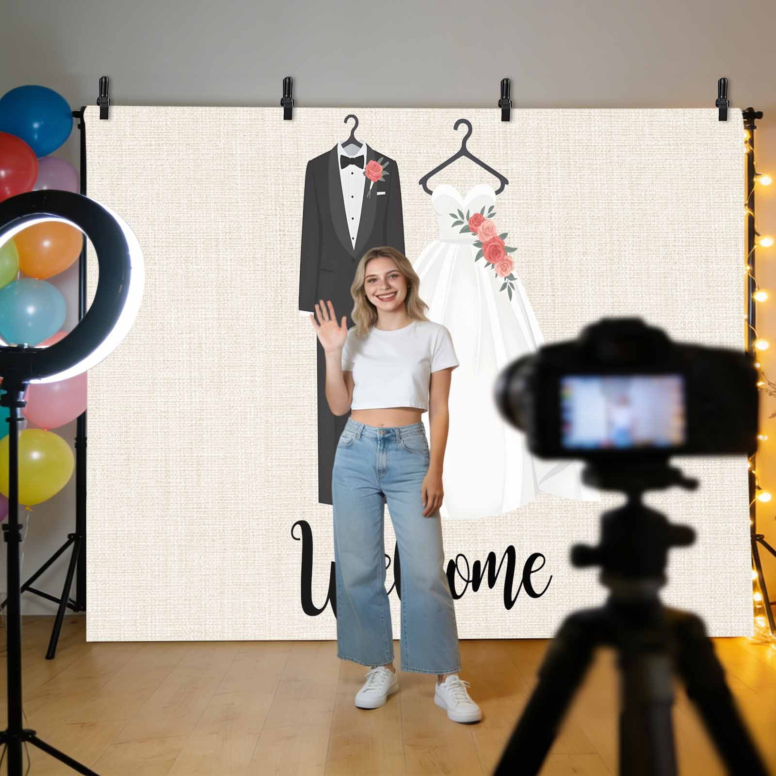 Weddings Clothing Photography Backdrop 7x5FT, Welcome Marriage Beige Linen Texture Photo Backdrops, Background for Photography Studio Photo Studio Background, Back Drop for Photoshoot