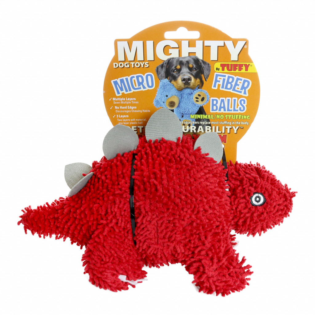 Mighty Microfiber Ball Med Stegosaurus Red Durable Squeaky Dog Toy