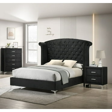 Modern Glamourous Style 3pc King Size Bed Chest Nightstand Bedroom Set Black Velvet Upholstery Furniture