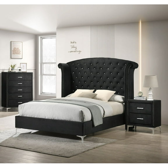 Modern Glamourous Style 3pc King Size Bed Chest Nightstand Bedroom Set Black Velvet Upholstery Furniture