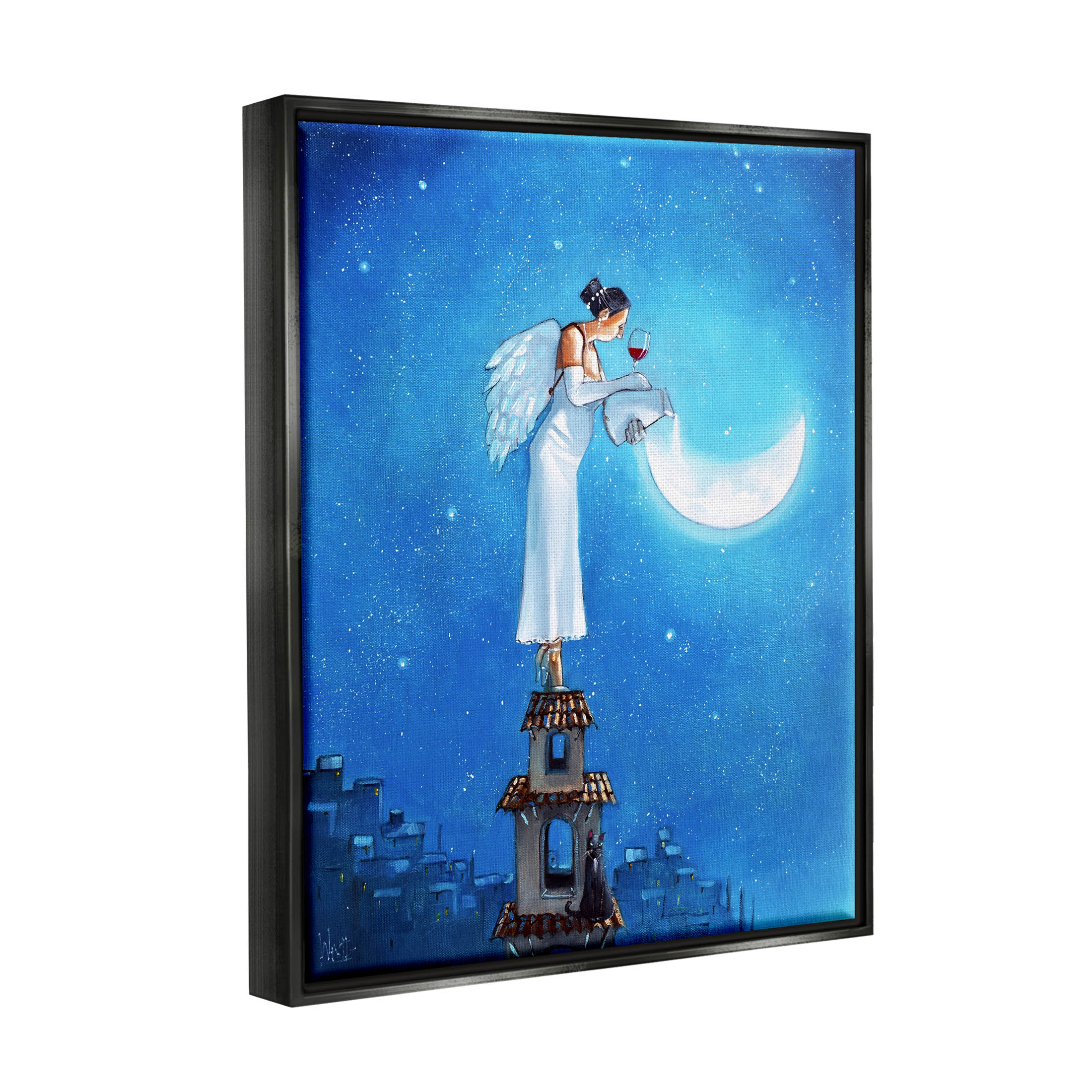 Angel Pouring Moon Cityscape Landscape Painting Jet Black Framed Art Print Wall Art