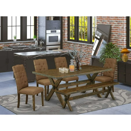 East West Furniture 6-Piece Dinette Table Set-Brown Beige Linen Fabric Seat and Button Tufted Chair Back Parson chairs A Rectangular Bench and Rectangular Top dining room table with Wood Legs -…