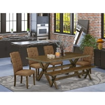 East West Furniture 6-Piece Dinette Table Set-Brown Beige Linen Fabric Seat and Button Tufted Chair Back Parson chairs, A Rectangular Bench and Rectangular Top dining room table with Wood Legs -...
