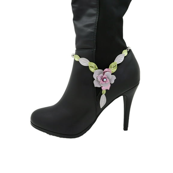 Women Silver Metal Chain Boot Bracelet Shoe Purple Flower Charm Anklet Leaves