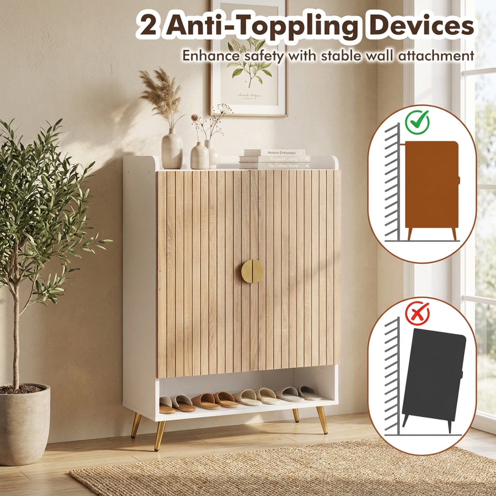 Furnibear 44 Inch Tall Shoe Storage Cabinet with 7 Tier Doors and Adjustable Shelves for Entryway Hallway Closet, Natural