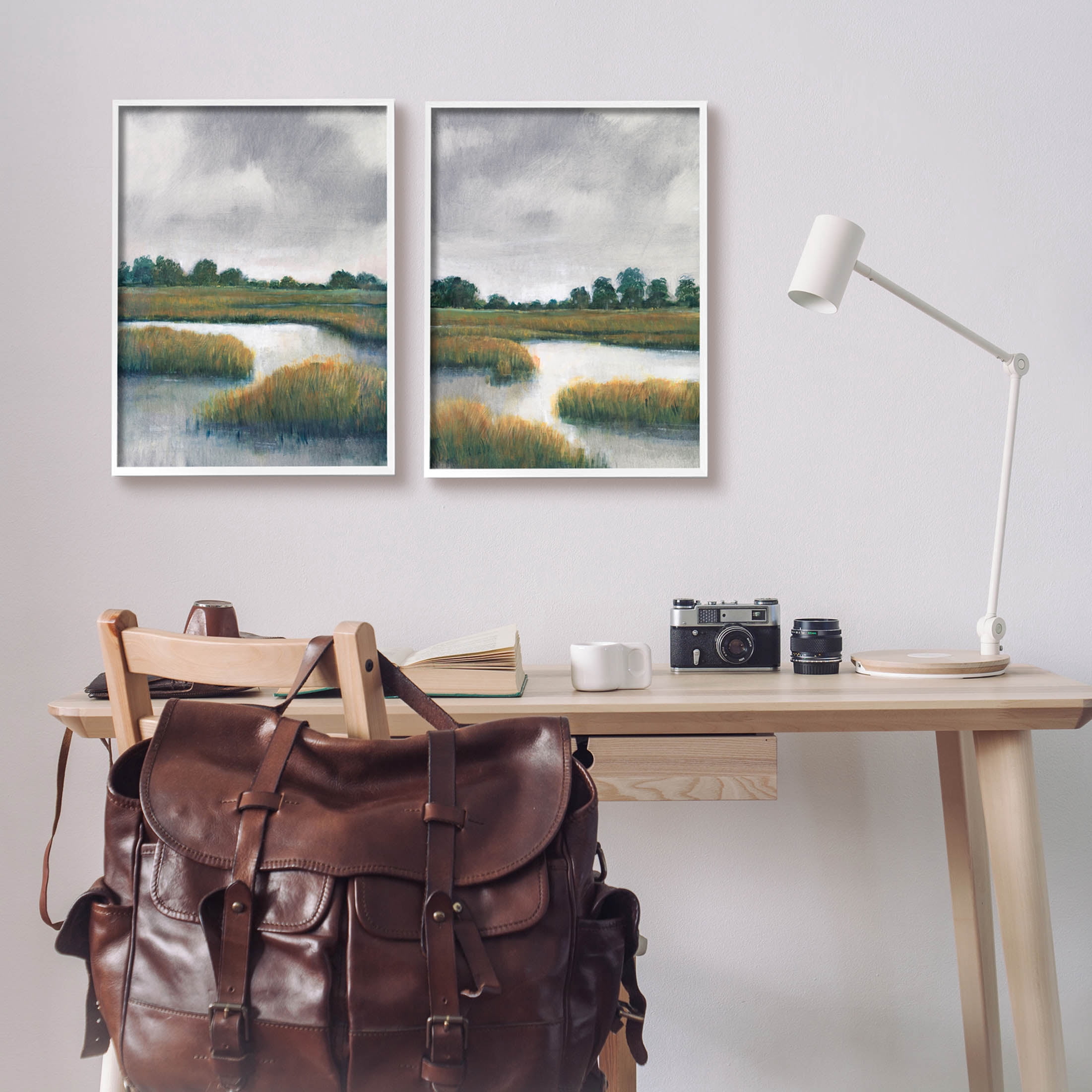 Stupell Industries Grassy Rural Marshland Landscape Painting White Framed Art Print Wall Art, Set of 2, Design by Tim OToole