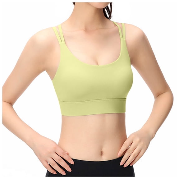 Wang6 Womens Spaghetti Strap Cropped Camisole Wireless Workout Sports Bras Seamless Padded Longline Bras Racerback Yoga Fitness Gym Tops Yellow XL