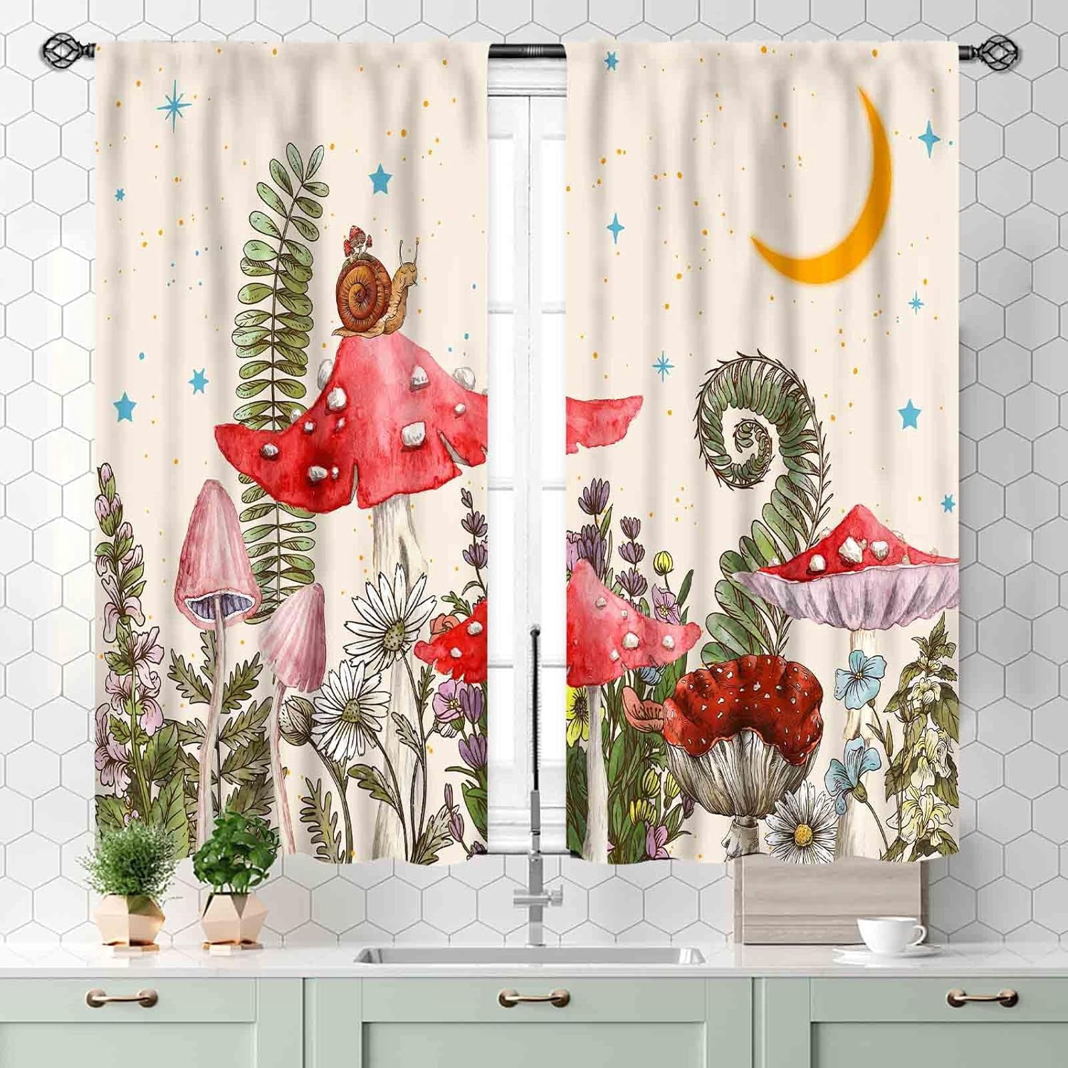 Mushroom Kitchen Curtains, Wild Floral Botanical Mushroom Cottagecore Nature Plants Herbs Blackout Window Curtains for Bedroom Living Room Fairy Forest Beige Drapery 2 Panel Sets, 55x39 Inch