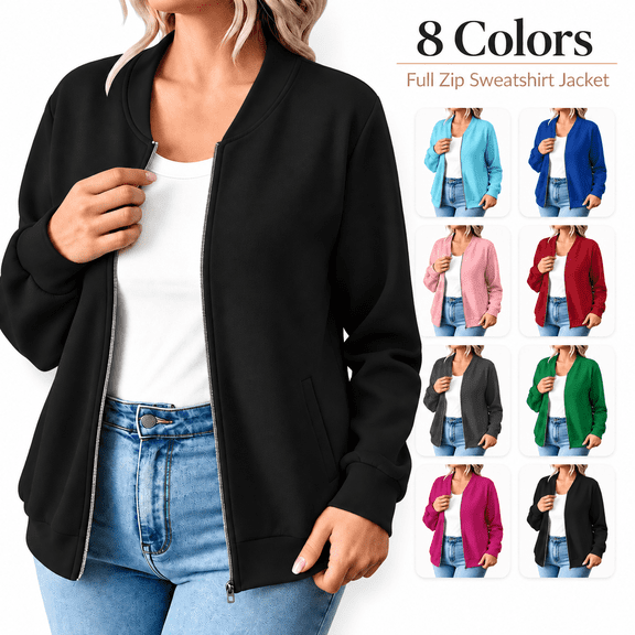 Women's Fleece Zip up Sweatshirt Jackets No Hood, Casual Long Sleeve Coat Outerwear with Pockets, Fall Comfy Versatile Jackets Daily Wear