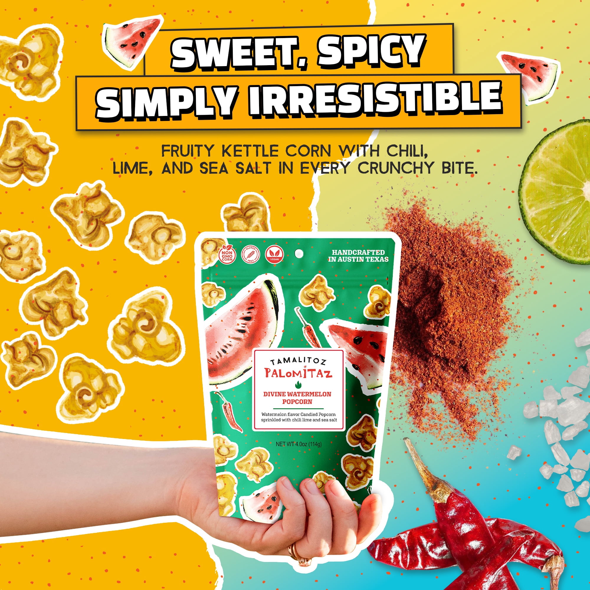 Palomitaz Divine Watermelon Popcorn – Sweet & Spicy Mexican-Style Kettle Corn with Chili, Lime & Sea Salt – Fruity Handcrafted Snack, Gluten-Free, Vegan, No Artificial Colors, 4 Bags 4oz Each