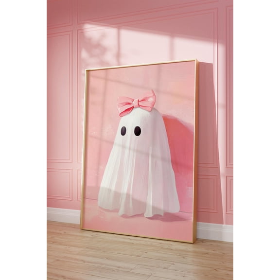 Pink Bow Ghost Poster, Coquette Halloween Wall Art For Girly Room Decor