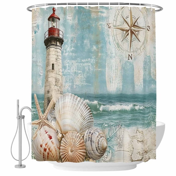 Shower Curtain Bathroom Set Teal Ocean Vintage Lighthouse Waterproof Fabric Shower Curtains with Grommets&Hooks, Nautical Compass Shell Privacy Bath Curtain for Bathtub 36x72in