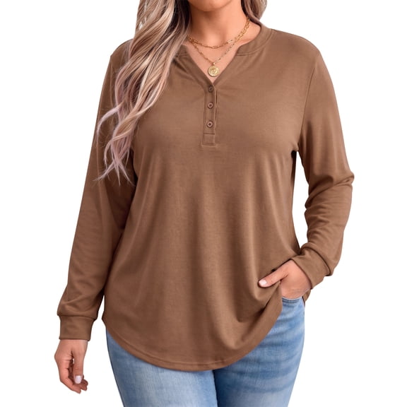 WellSize Plus Size Blouses for Women Henley V Neck Tops Casual Long Sleeve Button Shirts Fall Pullover Outfit