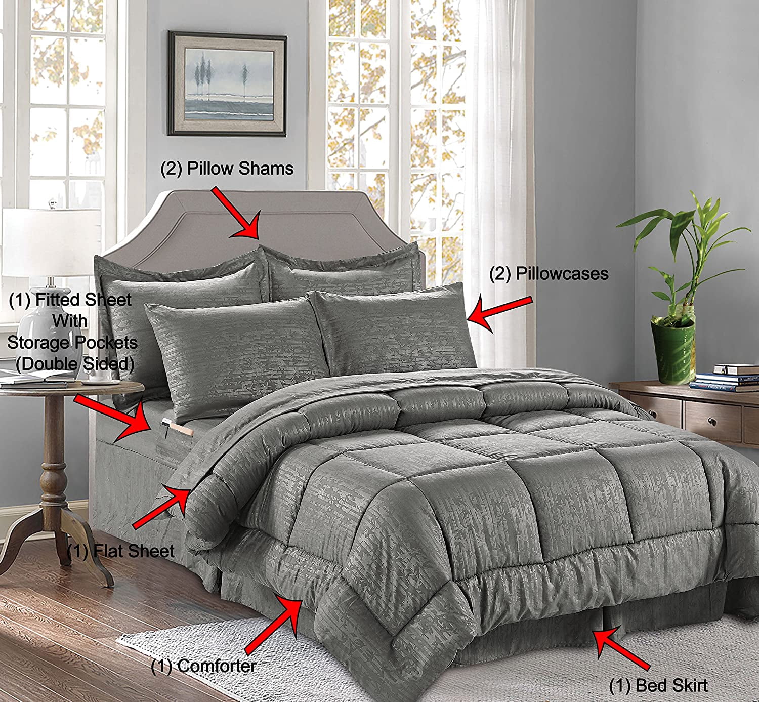 8 Pieces Bamboo Comforter set Includes Bed Sheet Set with Double Sided Storage Pockets, King Cal King, Gray