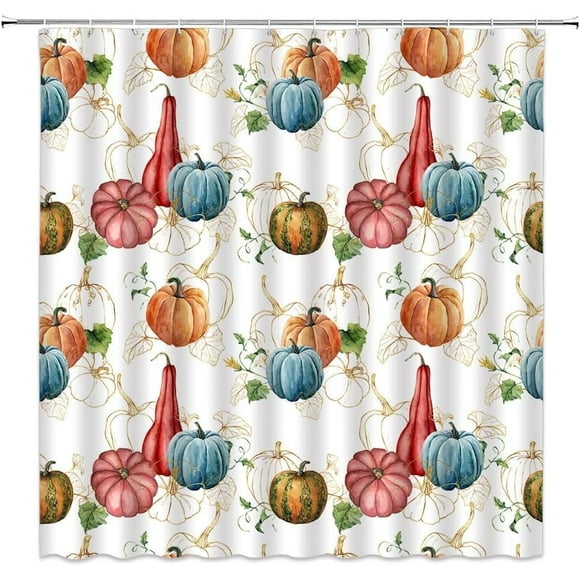 Rideau de Douche Citrouille d'Automne pour VR Action de Grâce Récolte Aquarelle Feuilles de Citrouille Rustique Festival d'Automne Orange Rouge Bleu Petit Kiosque Déco de Salle de Bain Rideau avec Crochets,36 Pouces L X 70 Pouces H