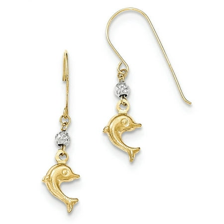 14kt Two-Tone Gold Puffed Dolphin Shepherd Hook Earrings