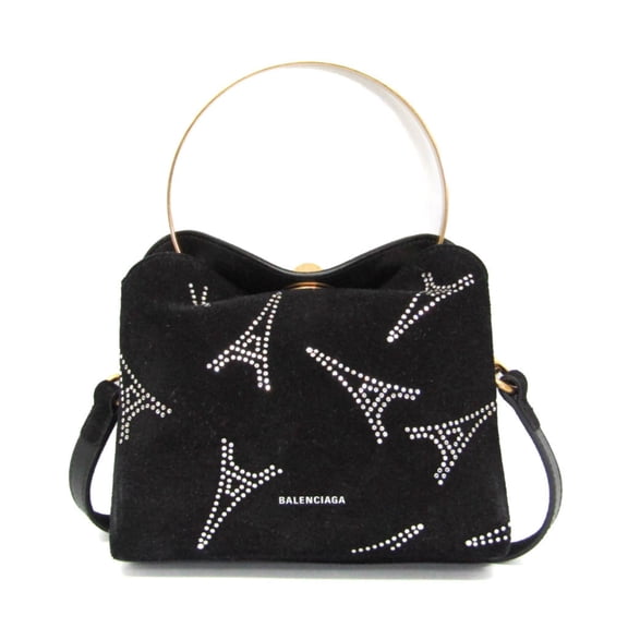Pre-Owned Balenciaga 570093 Women's Suede,Rhinestone Handbag,Shoulder Bag Gold,Black (Good)