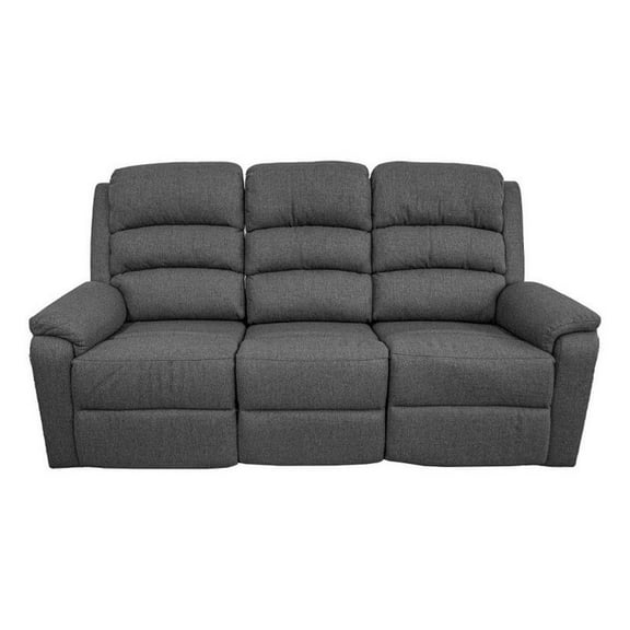 Fery 74 Inch Manual Recliner Sofa, 3 Seater, Gray Burlap Upholstery, Wood