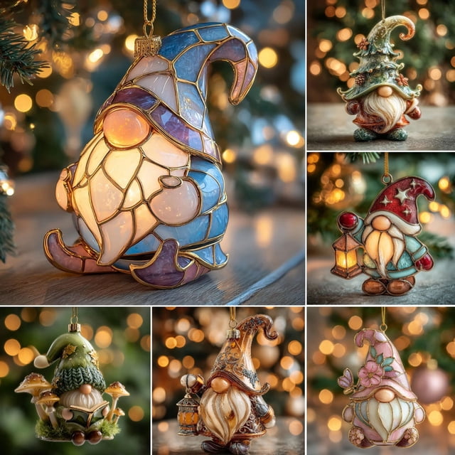 Set de adornos acrílicos de gnomos navideños – Figuritas de folclore nórdico hechas a mano • Decoración de árbol iluminada por LED • Efecto de ventana de catedral • Decoraciones coleccionables