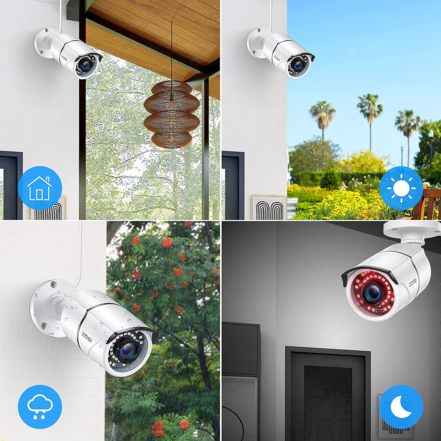 ZOSI 1080p Security Camera, 4 Pack White Bullet Wired Surveillance Camera for Outdoor, Night Vision