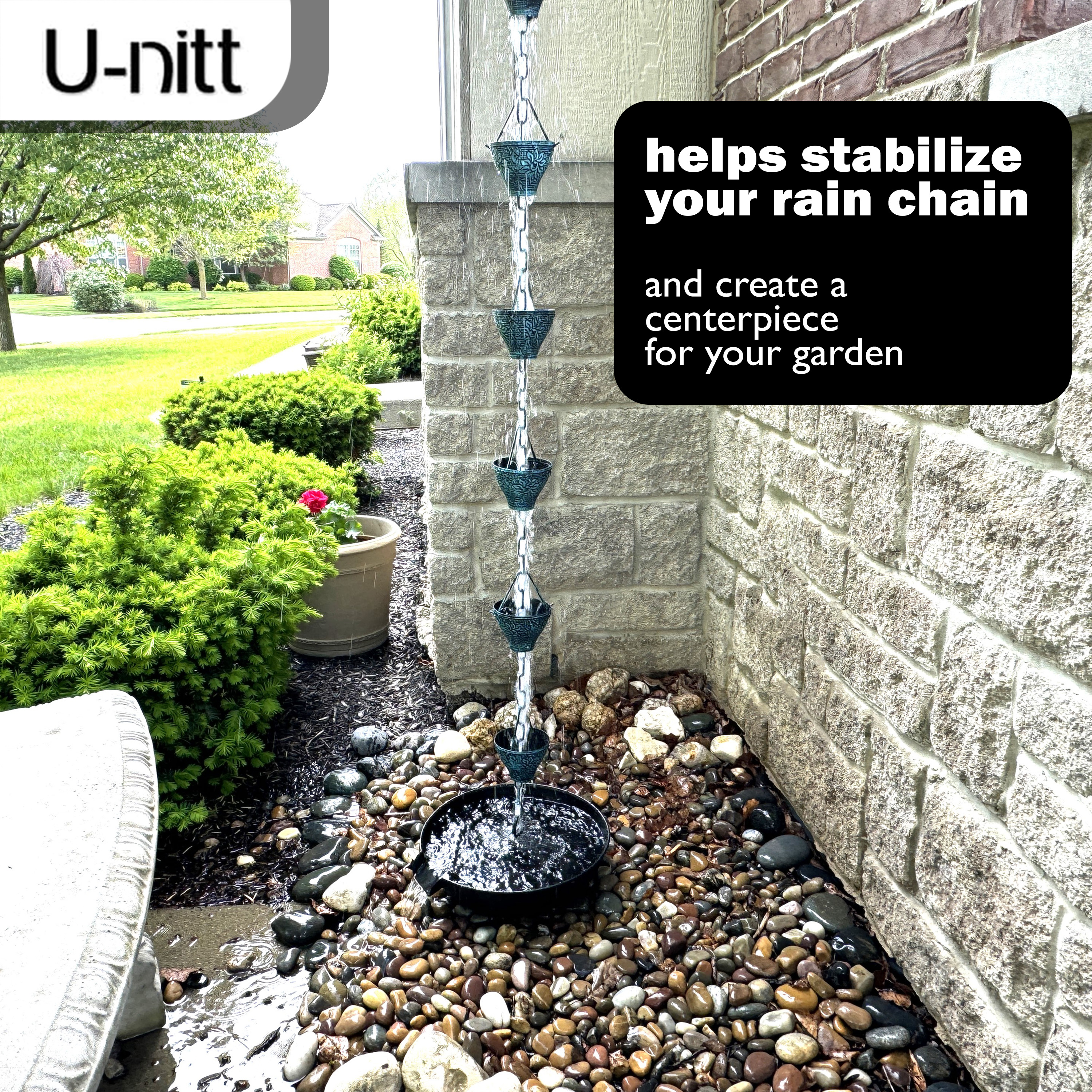 U-nitt 12" Anchoring Basin/Bowl/Dish for Gutter Rain Chain, Spill Bowl for Fountain, Flat Scupper, Birdbath Alternative, with Attachment Chain, Black Powder Coated, 972FBLK-V2
