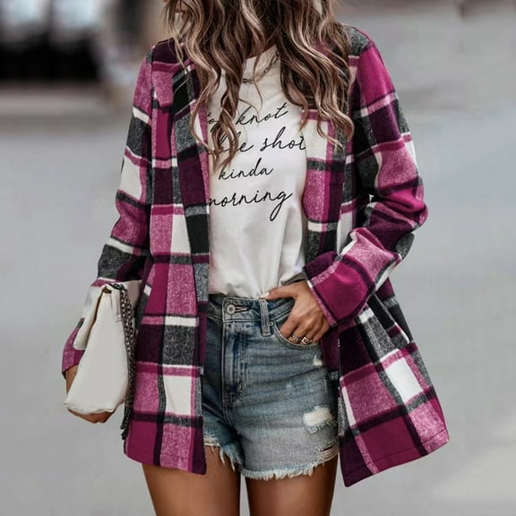 Fall Clothes for Women 2024 Lightweight Plaid Shirt Jacket Relaxed Fit Cozy Shacket Coat Hot Pink XL