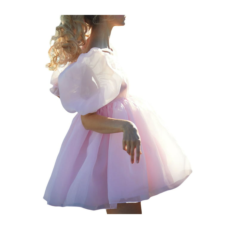 Women Puffy Tulle Mini Dress Square Neck Bubble Sleeve Princess Dress  Romantic Ruffle Mesh Dresses 