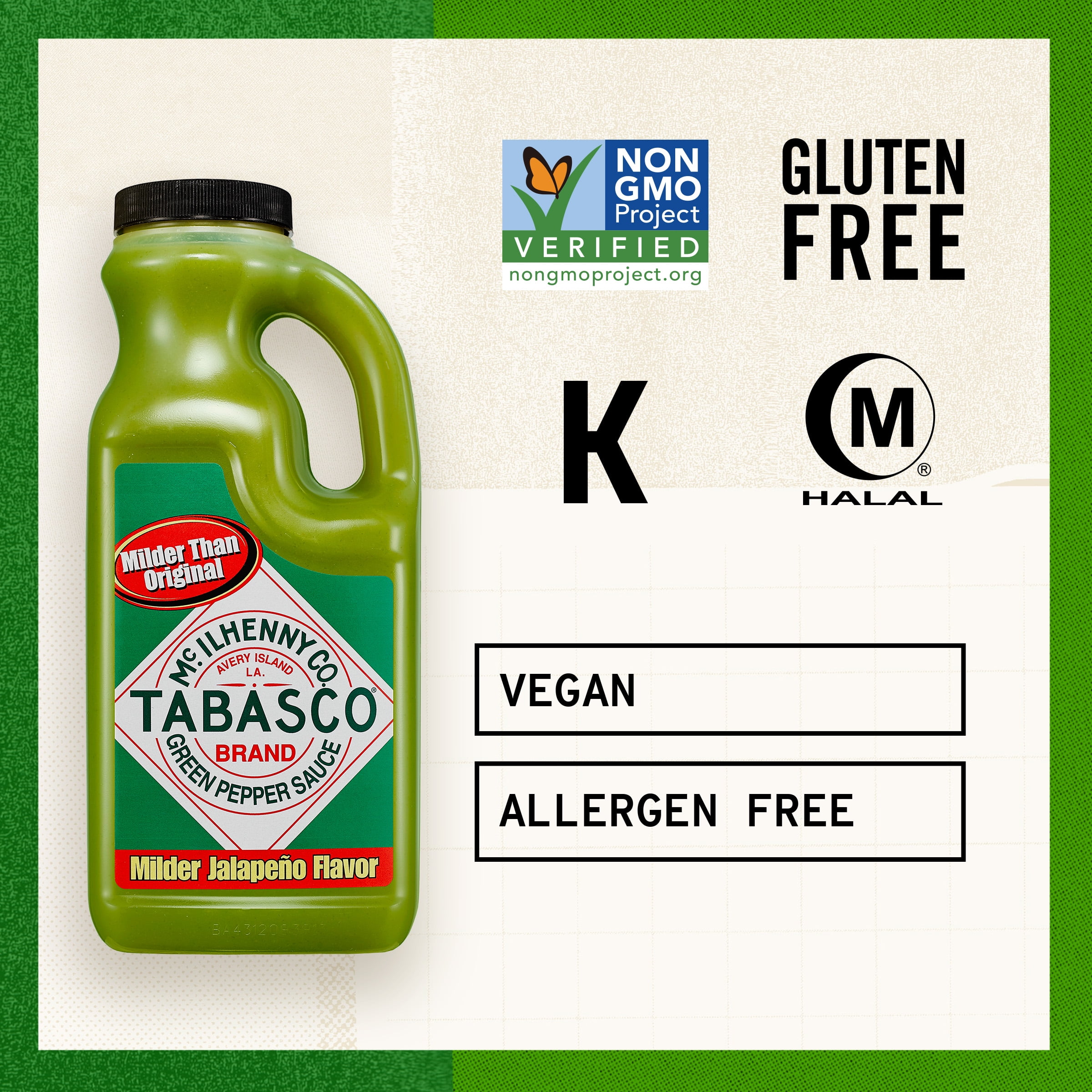 Tabasco Green Pepper Sauce, 32 oz Regular Quarter Gallon Jug, Gluten Free