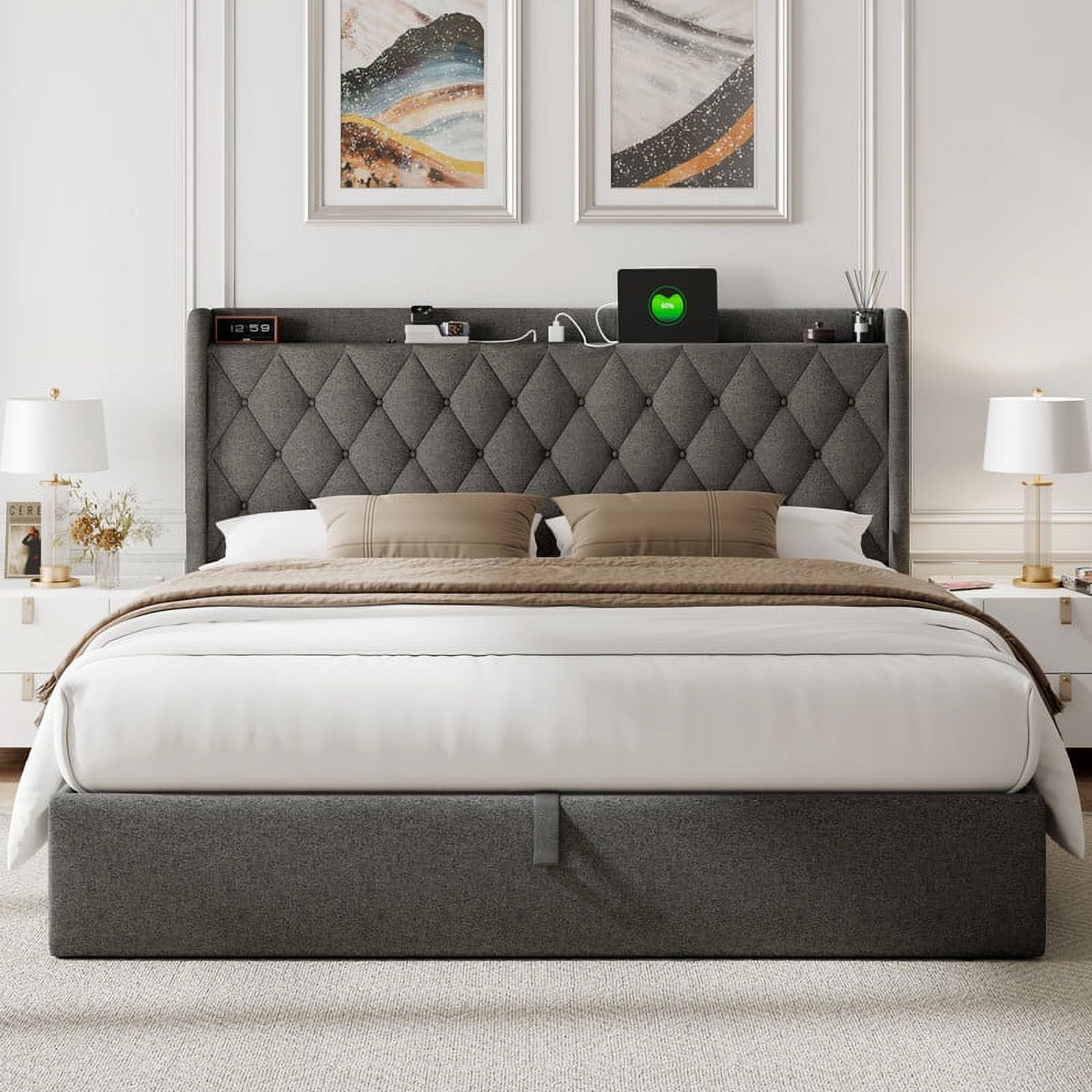 iPormis King Size Bed Frame with Lift Up Storage & Charging Station, Button Tufted Wingback Upholstered Headboard, Wooden Slats Support, No Box Spring Needed, Noise Free, Dark Grey