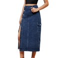 thumbnail image 3 of Dycnvjo Women'S Casual High Waist Denim Mid Skirt Slit Button Up Jean Skirts with Pockets Dark Blue XXL, 3 of 7