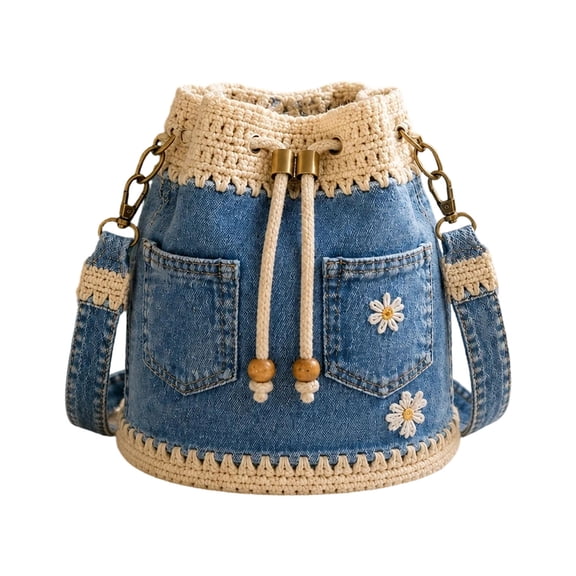 Denim Crochet Bucket Crossbody Bag, Embroidery Drawstring Shoulder Handbag, Vintage Jean Sling Purse, Daily Storage Bag With Adjustable Strap,A - One Size