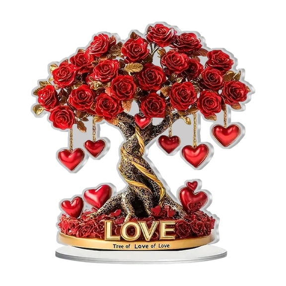 Valentine's Day Rose Tree with Heart Table Decoration,2D Flat Acrylic Ornament for Desktop Mantel Kitchen Decor Holiday Winter Party Gifts,1PC