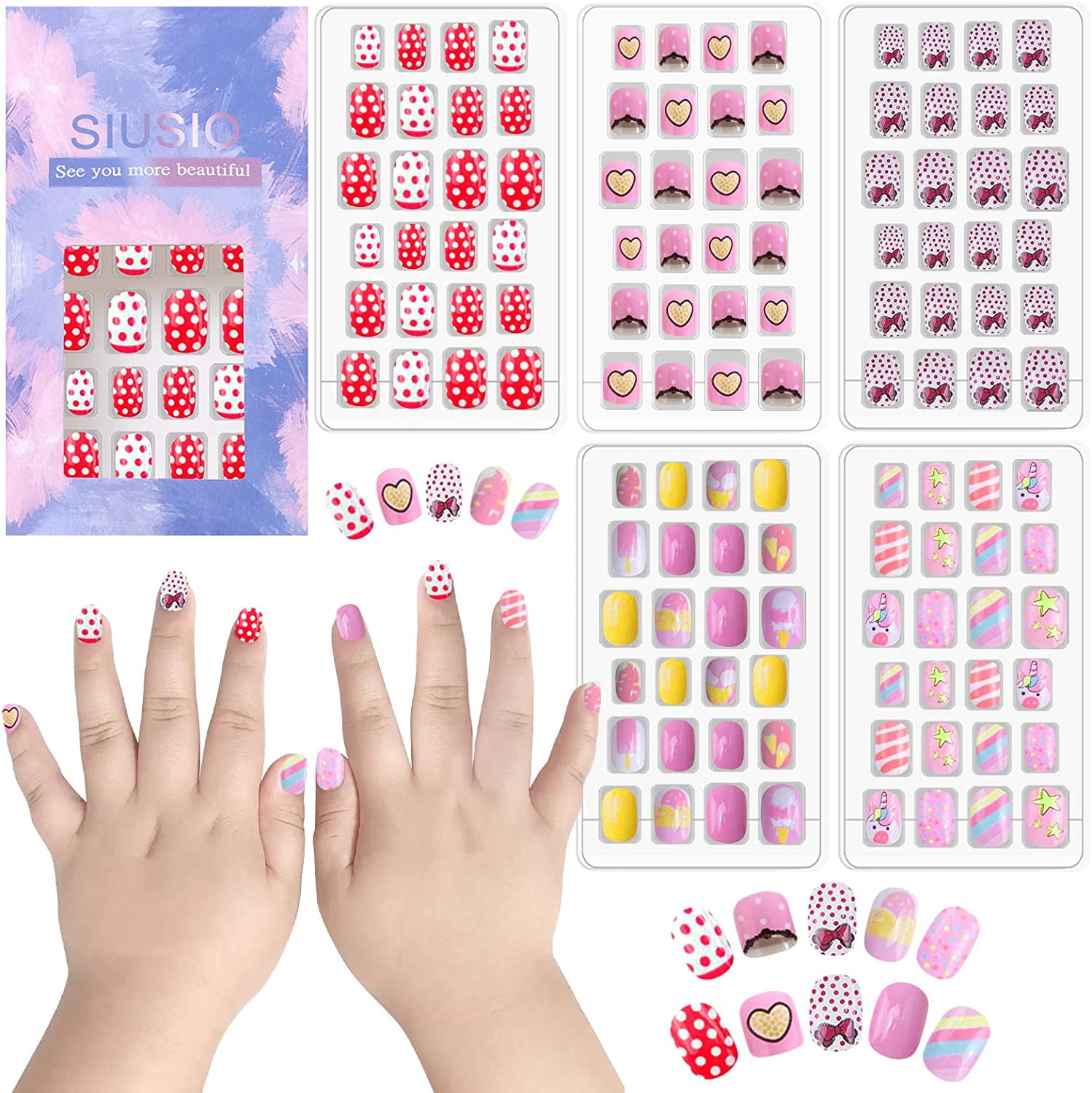 120 Pcs 5 Pack Children Acrylic Fake Nails Press on Pre-glue Full Cover ...