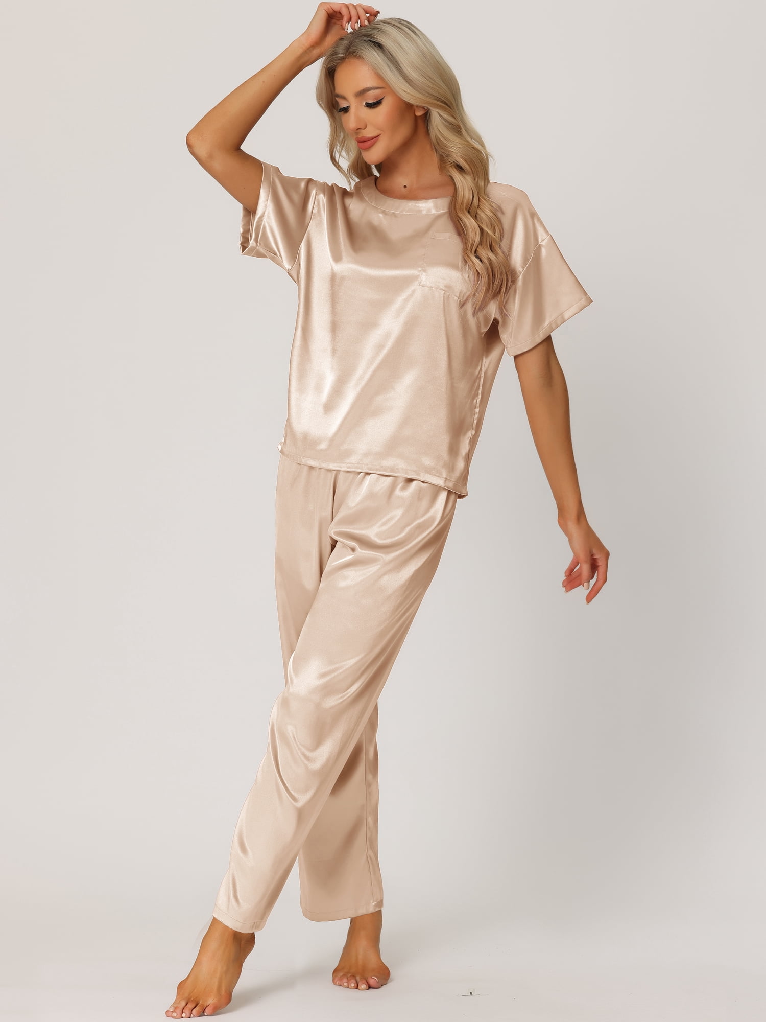 DARING DIVA Women's Satin Pajamas Sleepwear Summer Outfits Short Sleeves Tops XL Khaki
