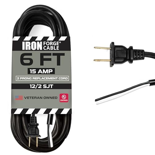 Iron Forge Cable 15 Amp Power Cord Replacement Two Prong Polarized Plug with Open End - 6 ft Black Extension Cable, 12 Gauge - 2 Wire 14/2 SJT