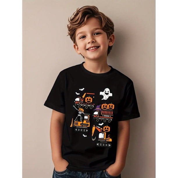Toddler Boys' Spooky Construction Trucks Halloween T-Shirt - Black With orange Graphic, Cute Bulldozer & Dump Truck Design, Soft Round Neck Casual Playwear For Halloween Parties