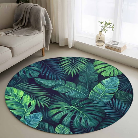 Tropical Plants Round Area Rug 3Ft Washable Small Circle Rugs for Kitchen Entryway, Summer Watercolor Teal Green Palm Leaves Non-Slip Carpet Floor Mats Indoor Outdoor Carpet Runner Home Decor