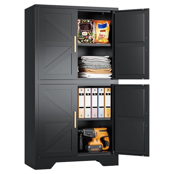 Black Storage Cabinet with 4 Doors and 2 Adjustable Shelves,Farmhouse Food Pantry Cabinets,Small Bathroom Cabinet,4 Tier Metal Storage Cabinets for Home Kitchen,Dining/Living/Laundry/Room