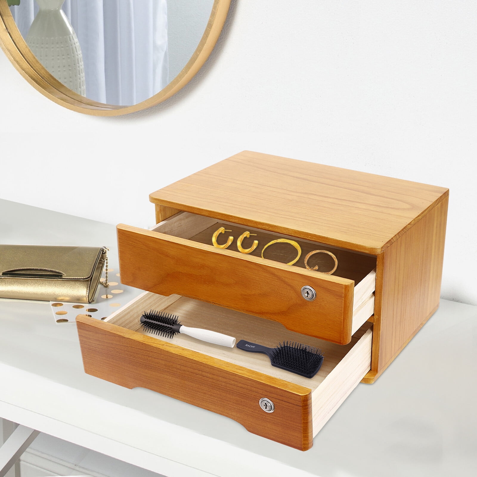 2-Tier Wood Yellow Rectangle Office Lockable Desktop Box Storage Drawer Files Organizer Multi-purpose