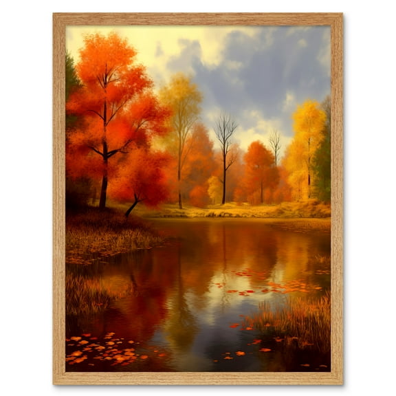 Autumn on Steroids Oil Painting Trees by Lake Photorealistic Landscape Warm Art Print Framed Poster Wall Decor 12x16 inch