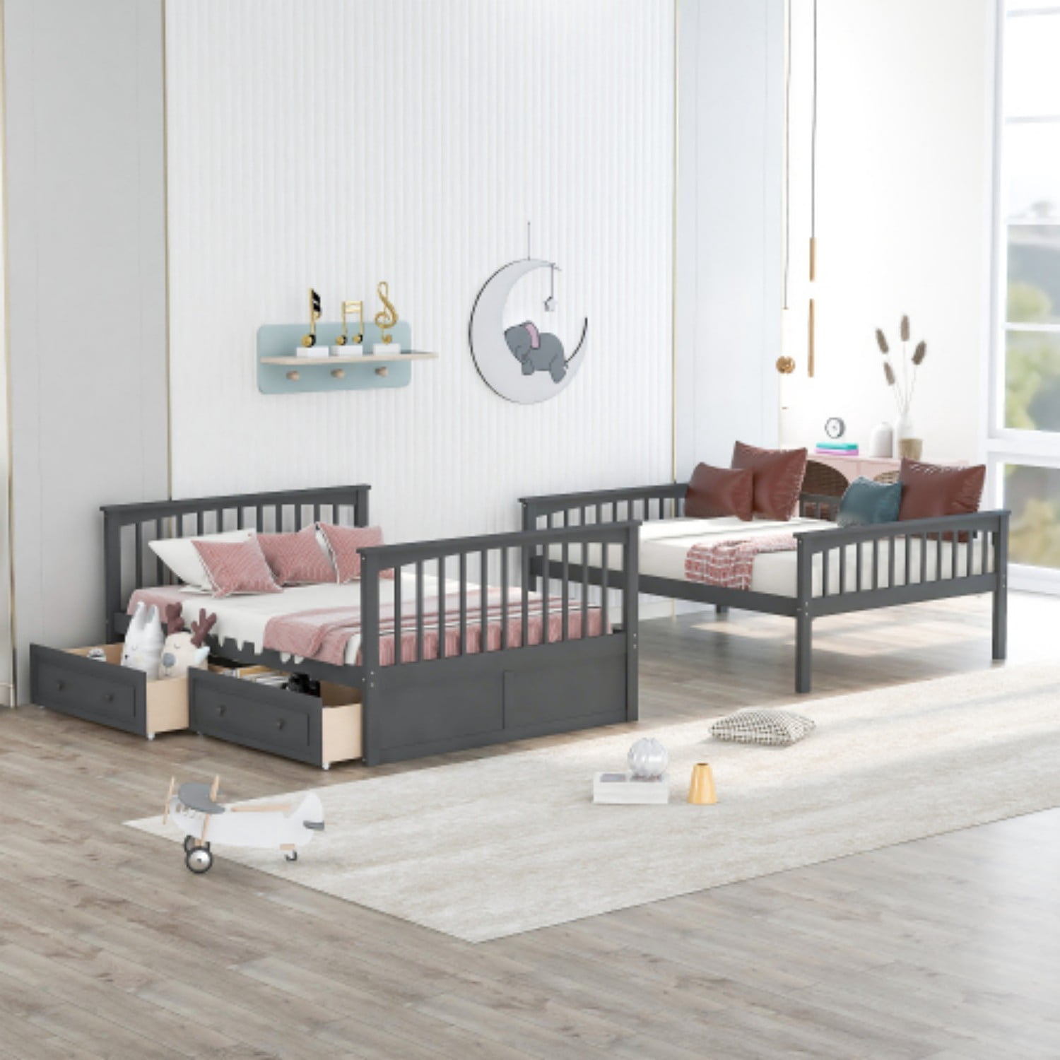 Full Over Full Bunk Bed with Storage Drawers, Convertible Wood Bunk Bed Frame with Safety Guardrails, Solid Pine Wood Kids & Adult Bed for Bedroom, Gray