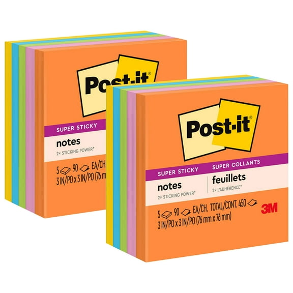 Post-it Super Sticky Notes, 3 in x 3 in, Energy Boost Collection, 5 Pads/Pack, 2 Packs