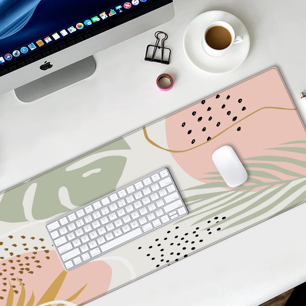 Desk Pad Protector,Mouse Pad with Non-Slip Rubber Base,Textured & Waterproof Mousepad with Stitched Edges,Large Desk mats for Computers,Laptop,Gaming,Office & Home,31.5 x 11.8 in,Abstract Leaves