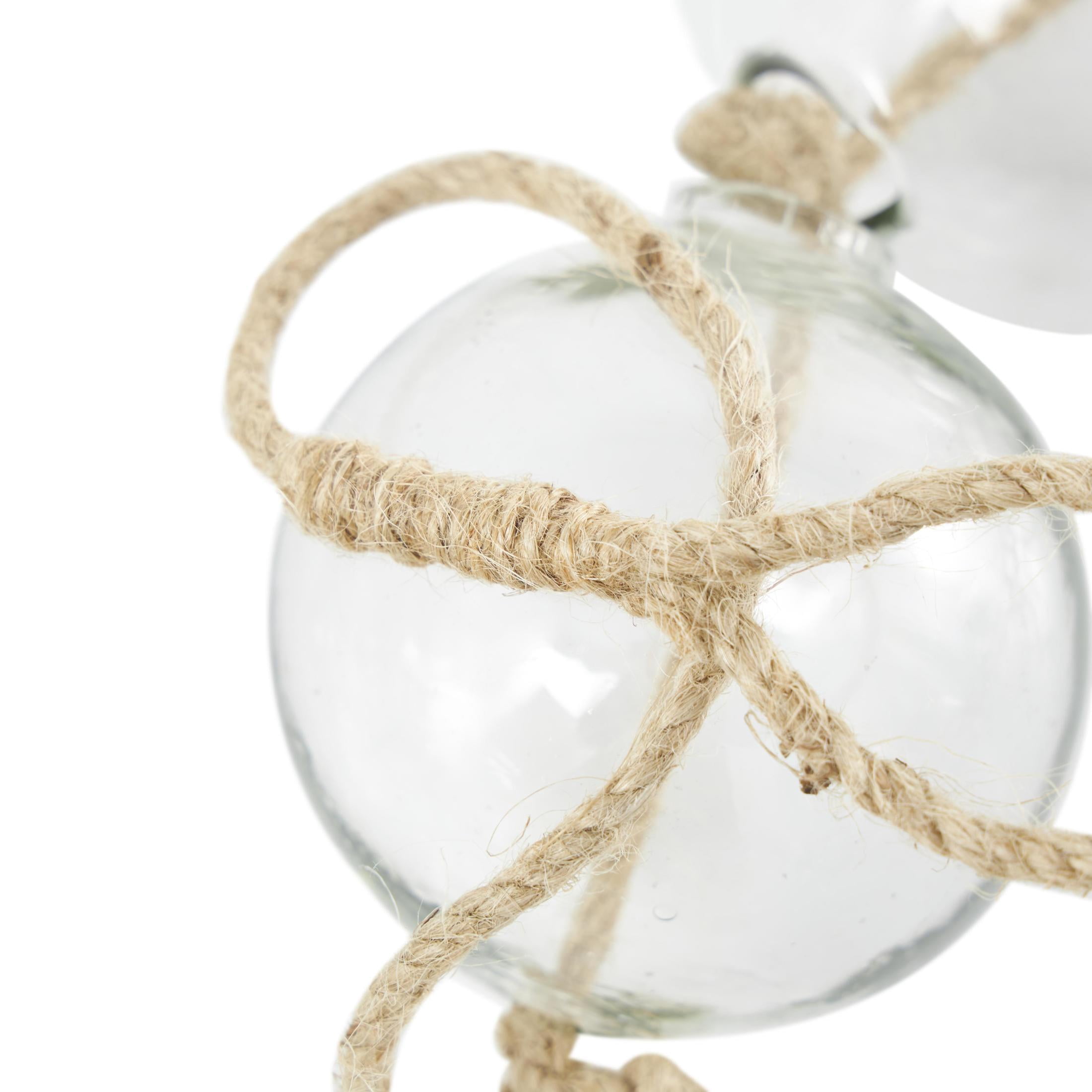 DecMode Handmade Round Extra Long Frosted Orb Clear Glass Garland with Tassel with Knotted Jute Rope