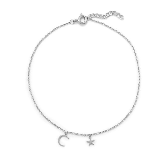 Precious Stars Sterling Silver Moon and Stars Charm Anklet- 9 Inches Long With 1 Inch Extension