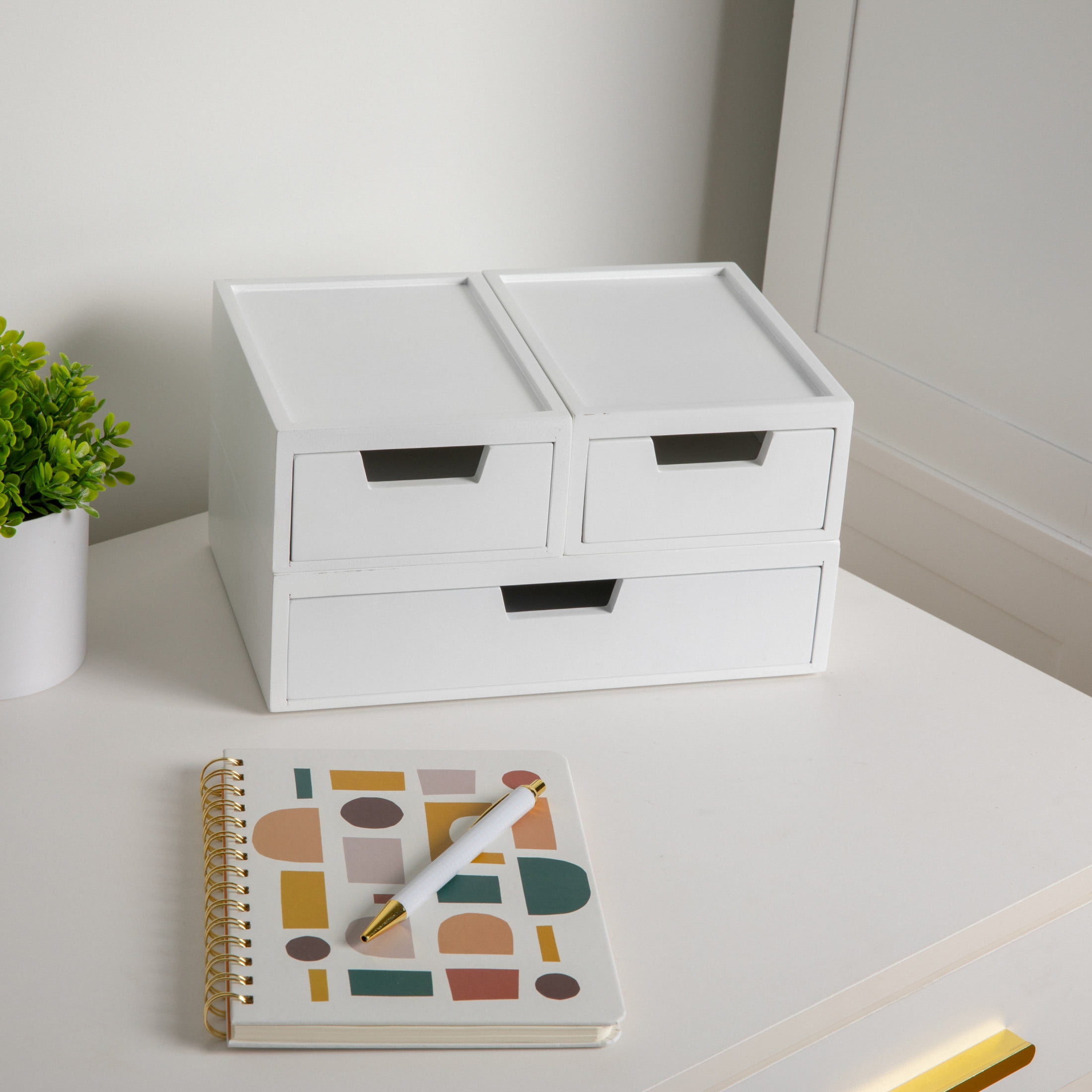 Martha Stewart Weston Stackable White Engineered Wood Boxes with Drawers, Office Desktop Organizers, Set of 3