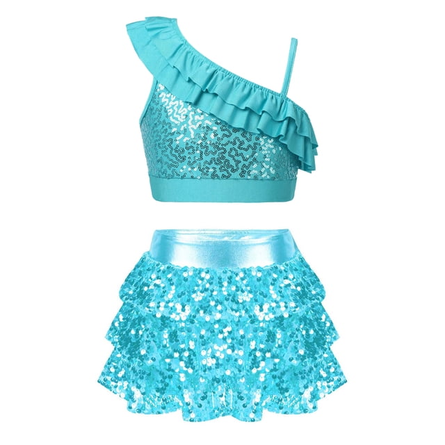 TiaoBug Kids Girls Gymnastic Dance Outfits Sequins Asymmetrical Shoulder Ruffle Crop Top with Skirted Shorts Set Light Blue 6