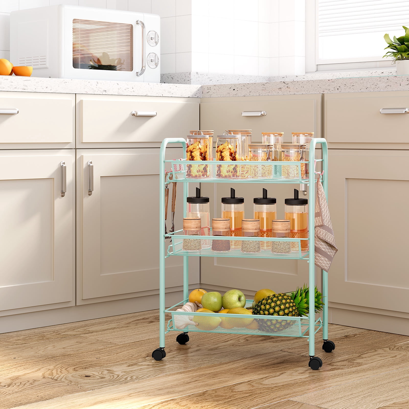 KK KINGRACK 3 Tier Rolling Cart Organizer, Metal Cart with Wheels, Utility Cart for Office Home School Storage, Green