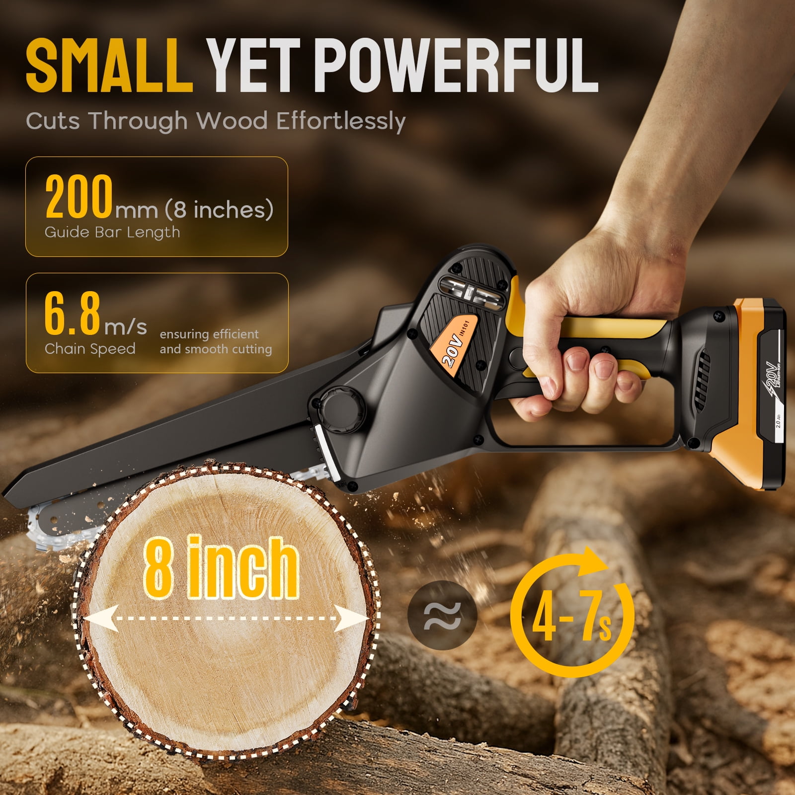 SUGIFT Mini Chainsaw Cordless, 8 Inch Electric Chainsaw with Brushless Motor, Portable Chain Saw for Tree Trimming, 20V Battery, Yellow
